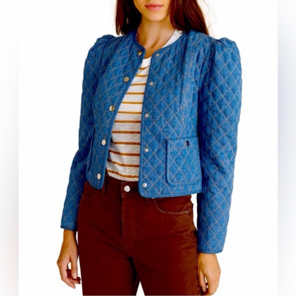 Veronica Beard Blue Quilted Puff-Sleeve Jacket